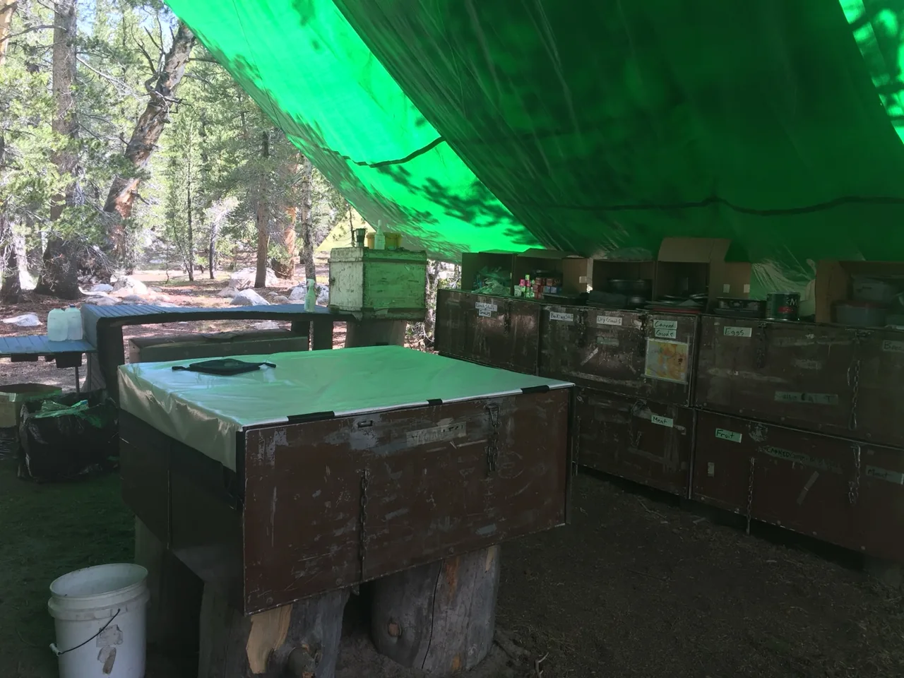 Labeled storage boxes and a covered prep table organized beneath a green camp tarp