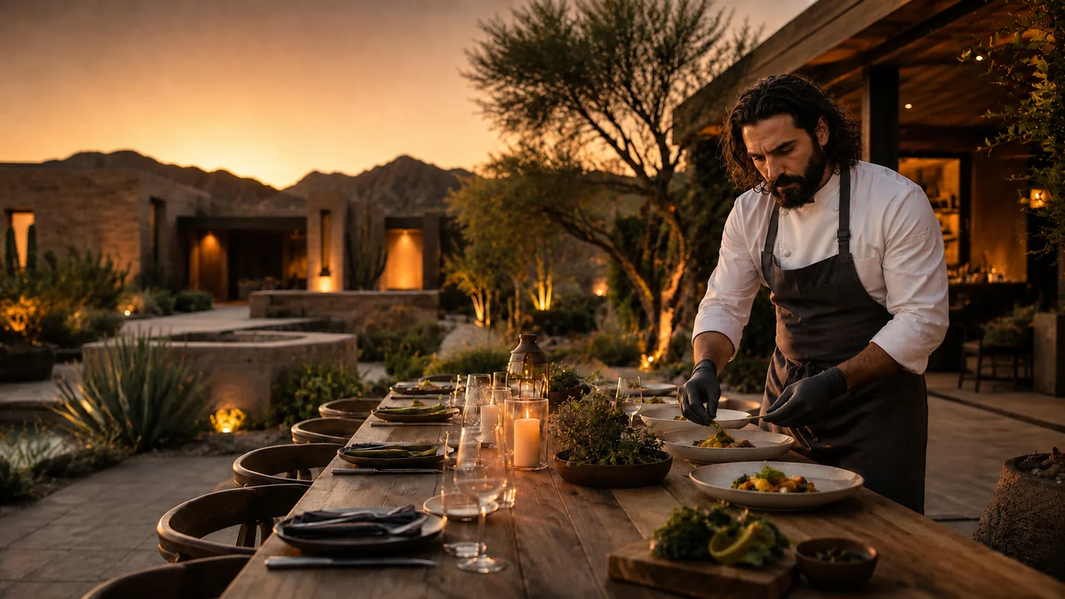 Chef preparing an outdoor private dining table in an Arizona desert setting at sunset