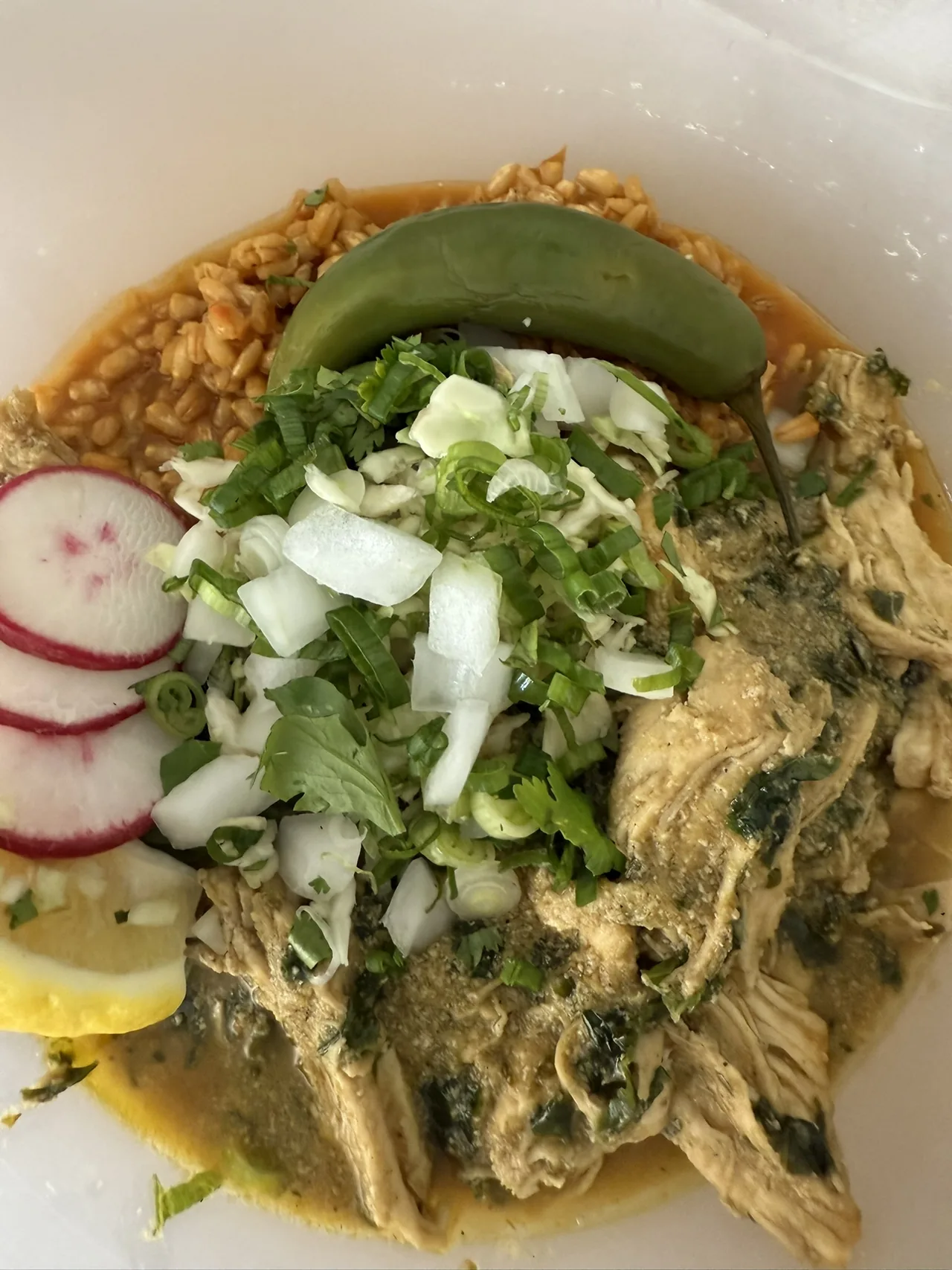 Chicken and grain bowl with avocado, radish, cabbage, and herbs